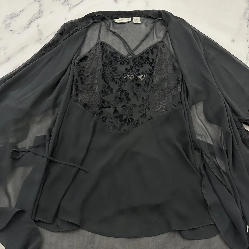 Cacique Womens Vintage Negligee Slip Robe Set Plus Size S Black Sheer Floral - Picture 7 of 16